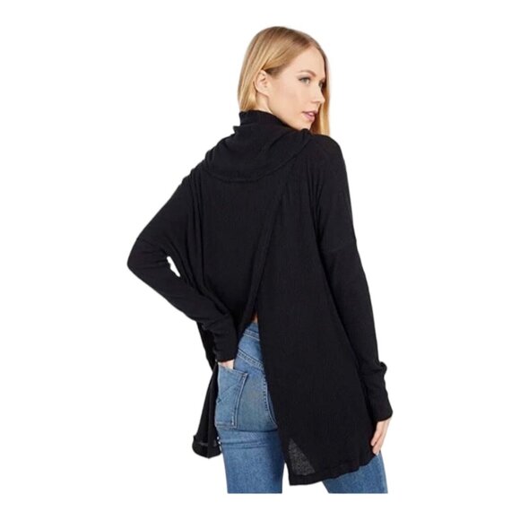 Free People Black Long Sleeve Thermal Top - Oversized Split Back, Size Large New - Picture 3 of 6